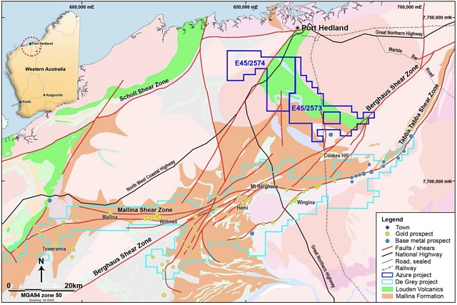 Azure Minerals ASX AZS Turner River Gold Project De Grey Mining map