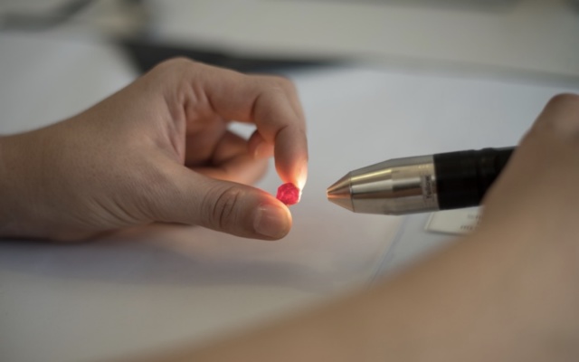 Buyer inspecting rubies Mustang Resources inaugural rough ruby tender