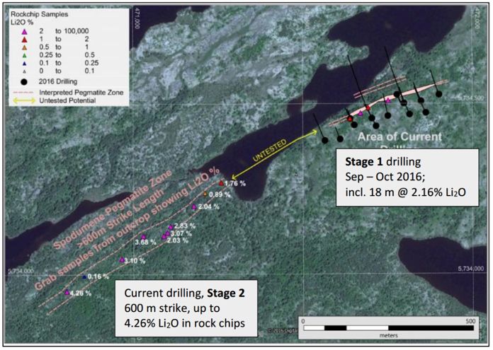 Lemare spodumene project SW extension pegmatite zone