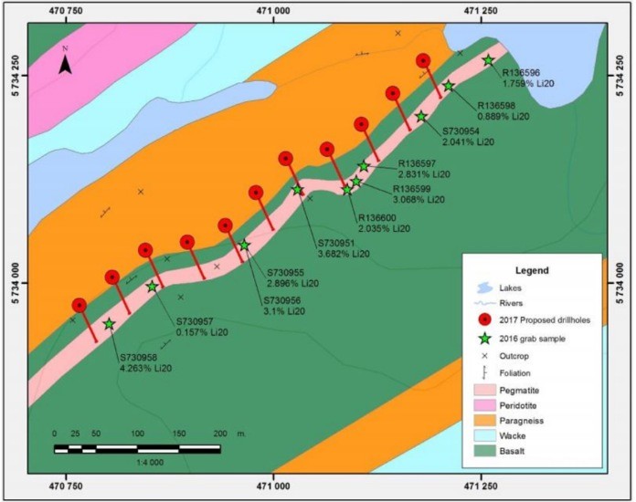 Lemare spodumene project SW extension pegmatite zone drill hole locations