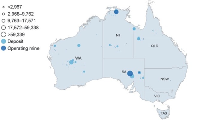 Uranium deposits in Australia map